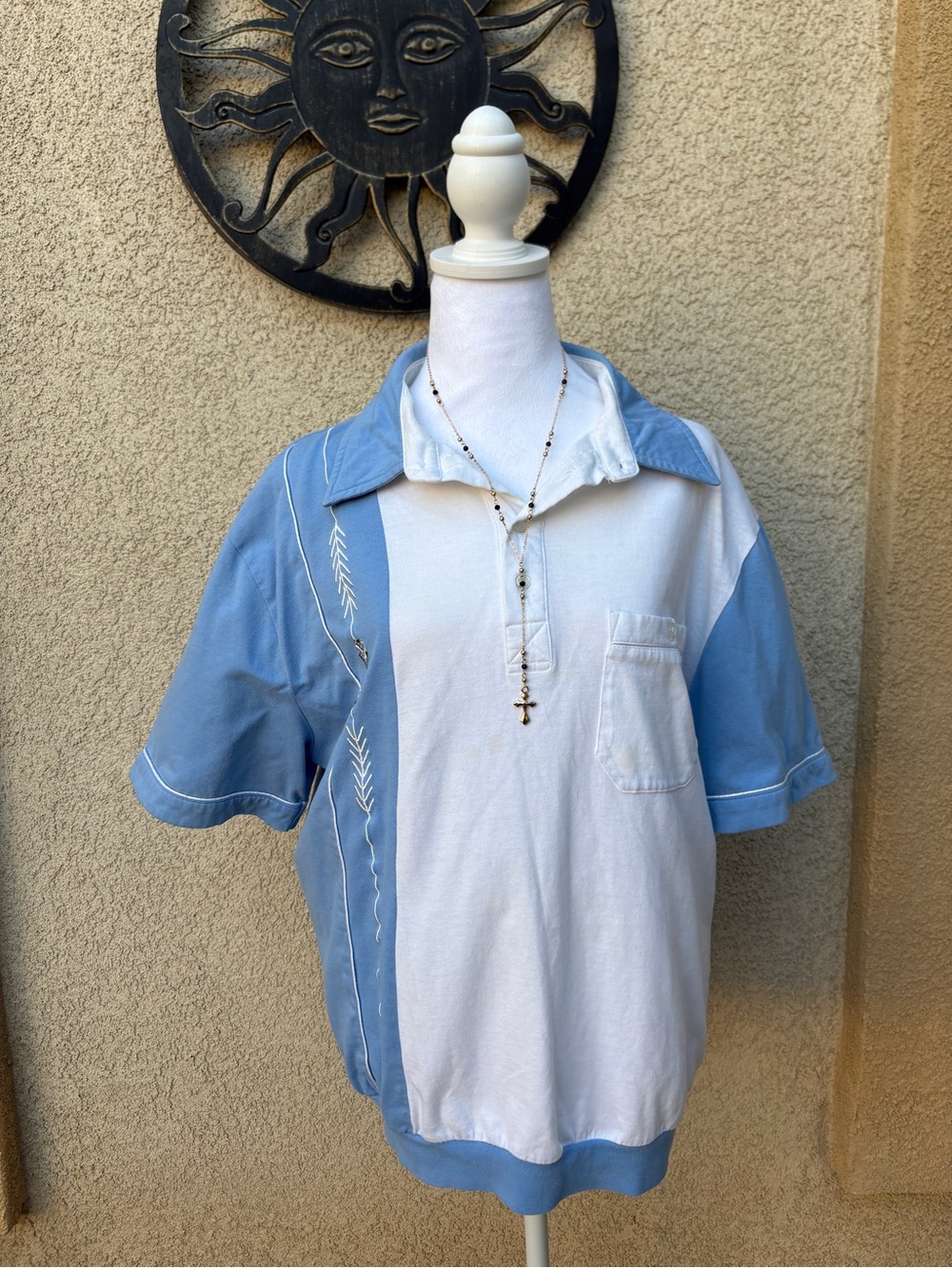 John Blair White Blue Menswear Embroidered Button Up Pocket Collared Shirt VTG